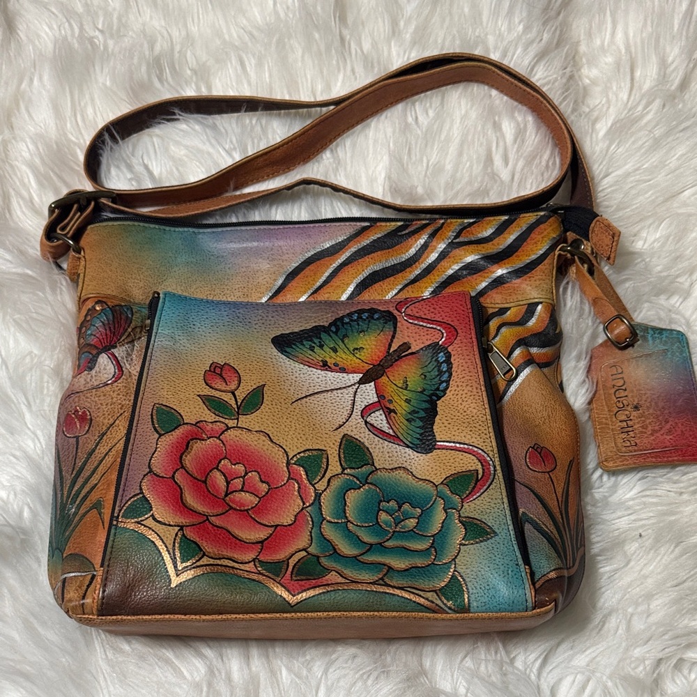 Anuschka Multicolor Leather Crossbody Bag with Floral & Butterfly Art